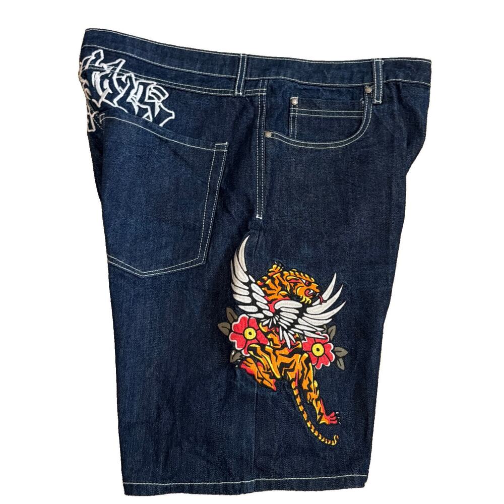 Ninth Hall Waylay Denim Shorts Men 36 Tiger Rose Embroidery Jorts Y2K Streetwear - Picture 10 of 10